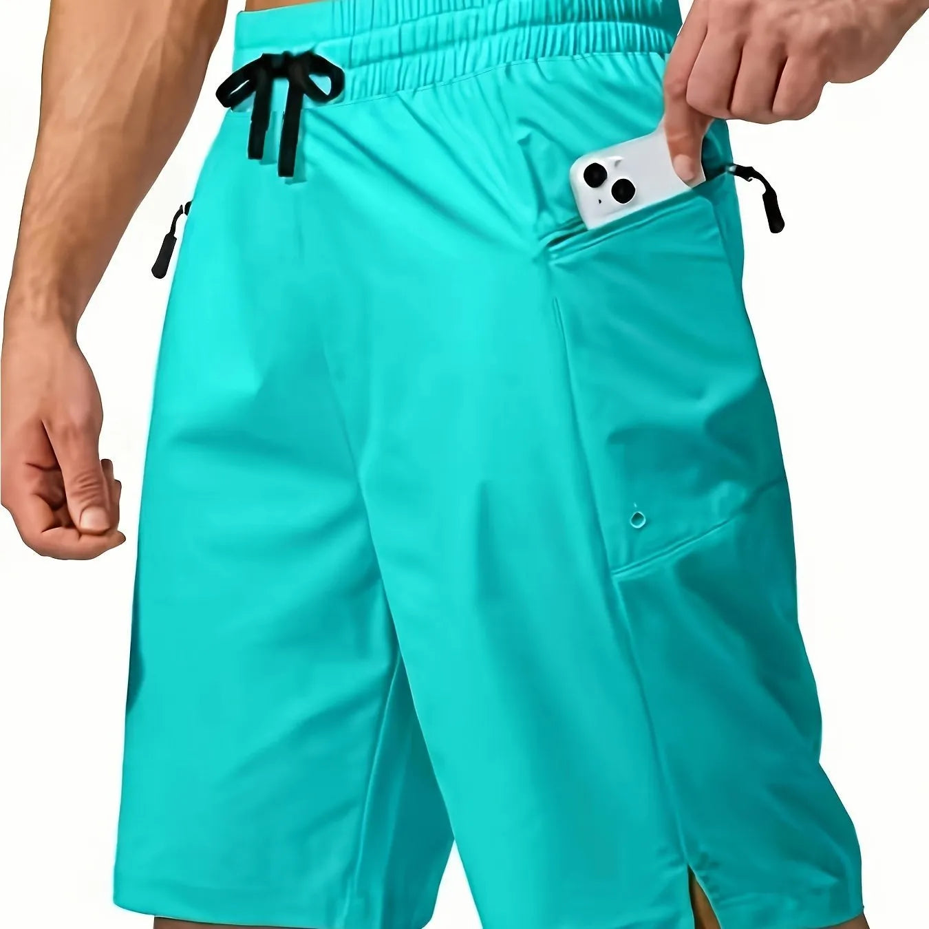 Men's solid colour quick-drying beach shorts in straight-leg polyester fabric