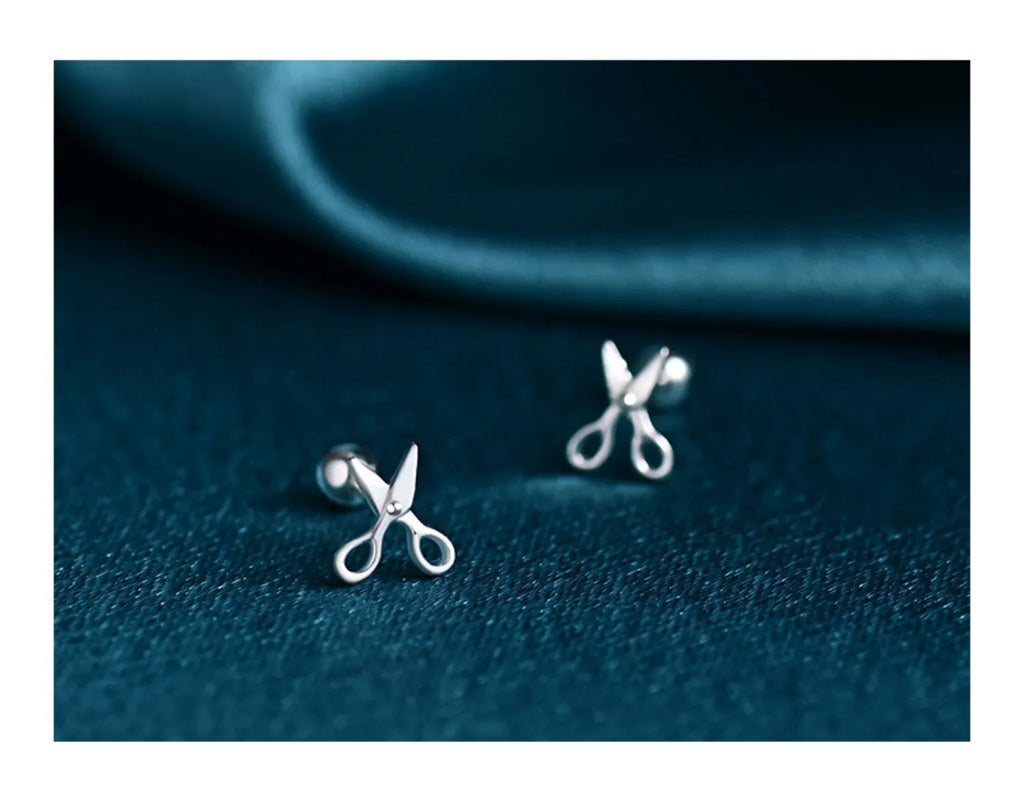 S999 pure silver ear studs with screw-back fastening and mini scissors design