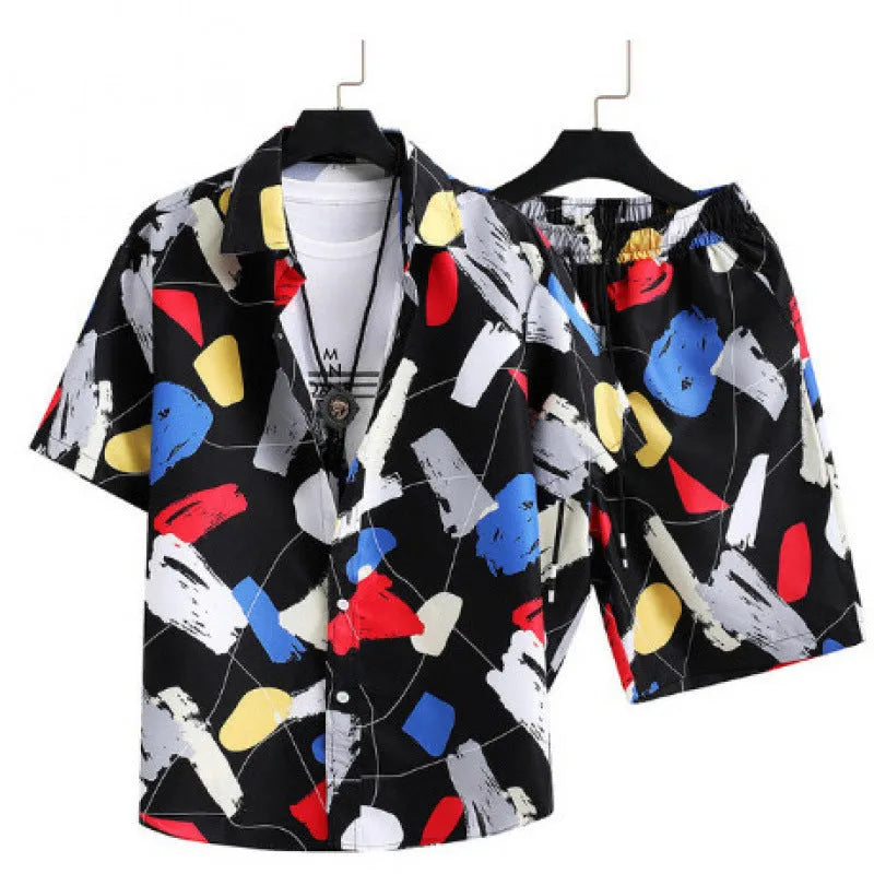 Men's casual digital print short sleeve shirt and matching shorts set on a hanger