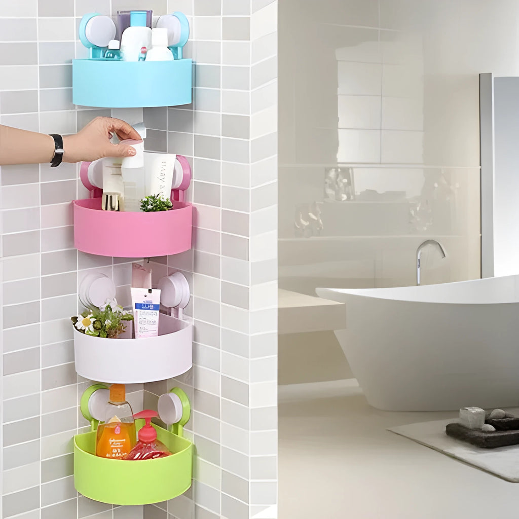 Triangle ABS plastic bathroom corner shelf with double sucker brackets and water drain holes