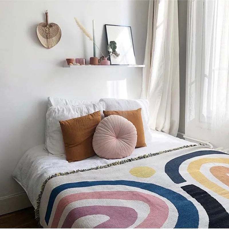 Bohemian rainbow geometric pattern blanket tapestry made of polyester cotton in modern simple style