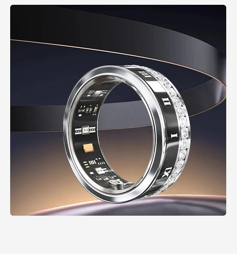 Diamond inlaid smart ring in silver and gold colours showing health monitoring capabilities