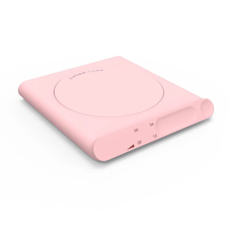 Pink and white USB-powered mechanical heating cup coaster with timing function