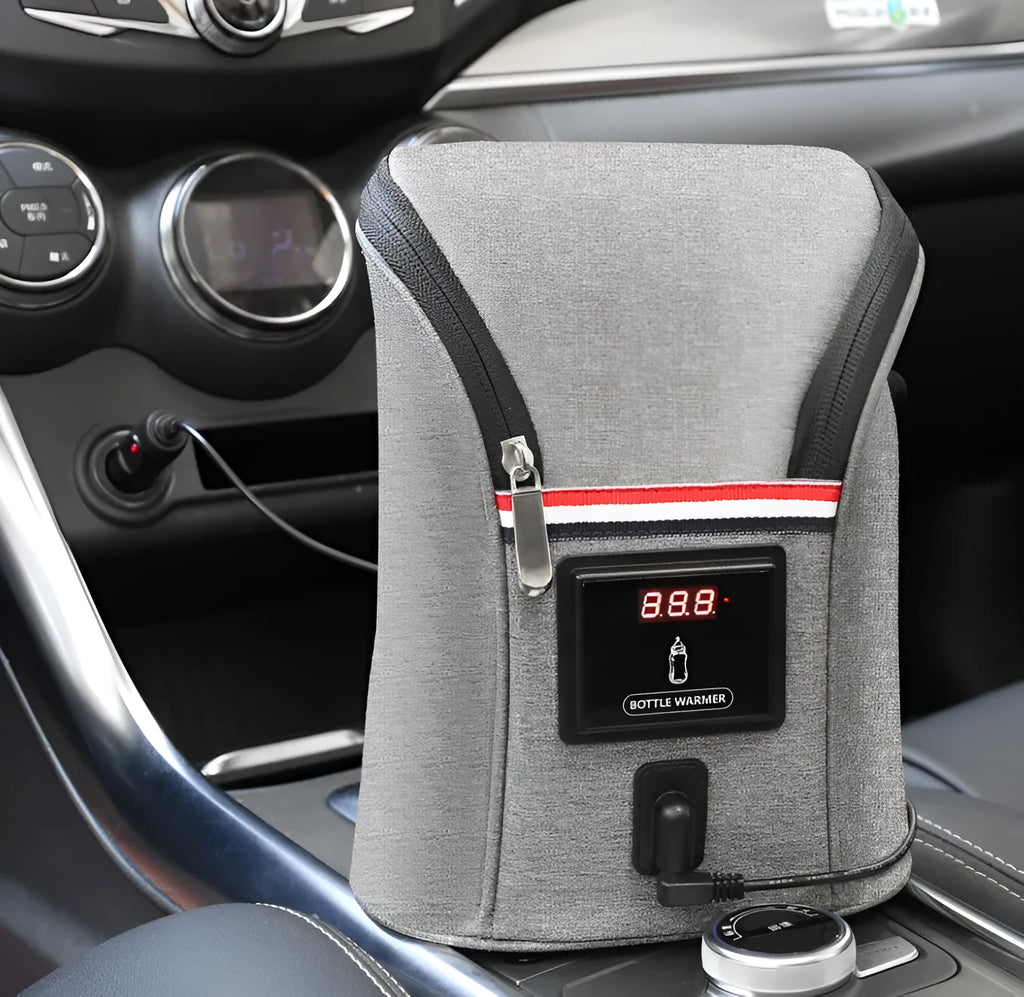 Grey Oxford cloth portable car baby bottle warmer with digital display and car charger