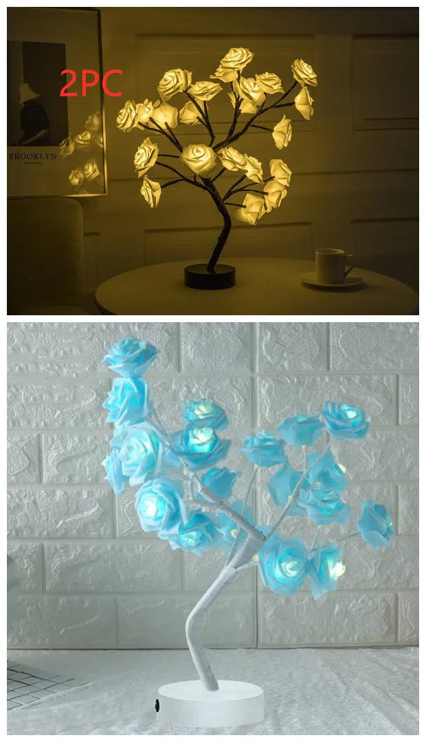 White and red rose flower LED table lamp with bonsai tree lights on a table.