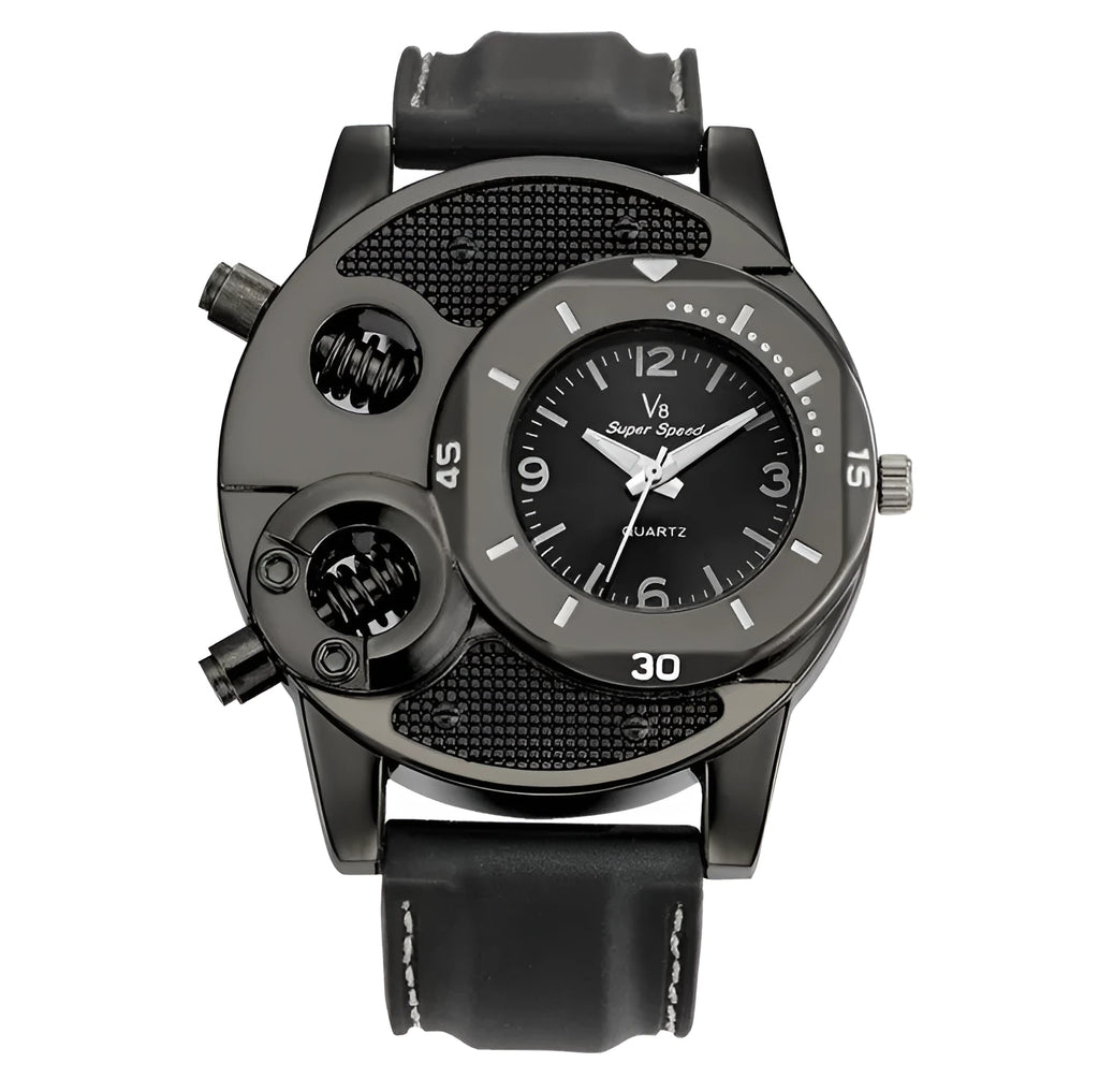 V8 quartz watch for men black round dial stainless steel strap 43mm