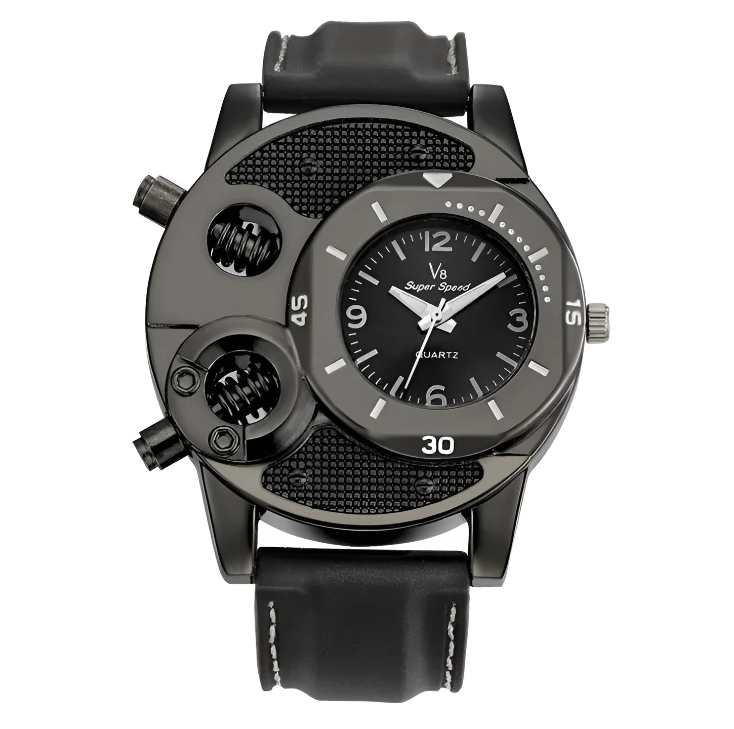 V8 quartz watch for men black round dial stainless steel strap 43mm