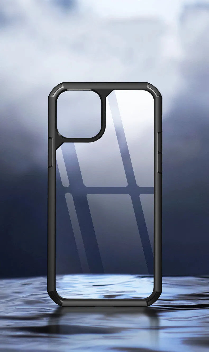 Transparent anti-fall mobile phone case in red, green, and black for iPhone and Galaxy S20 models.