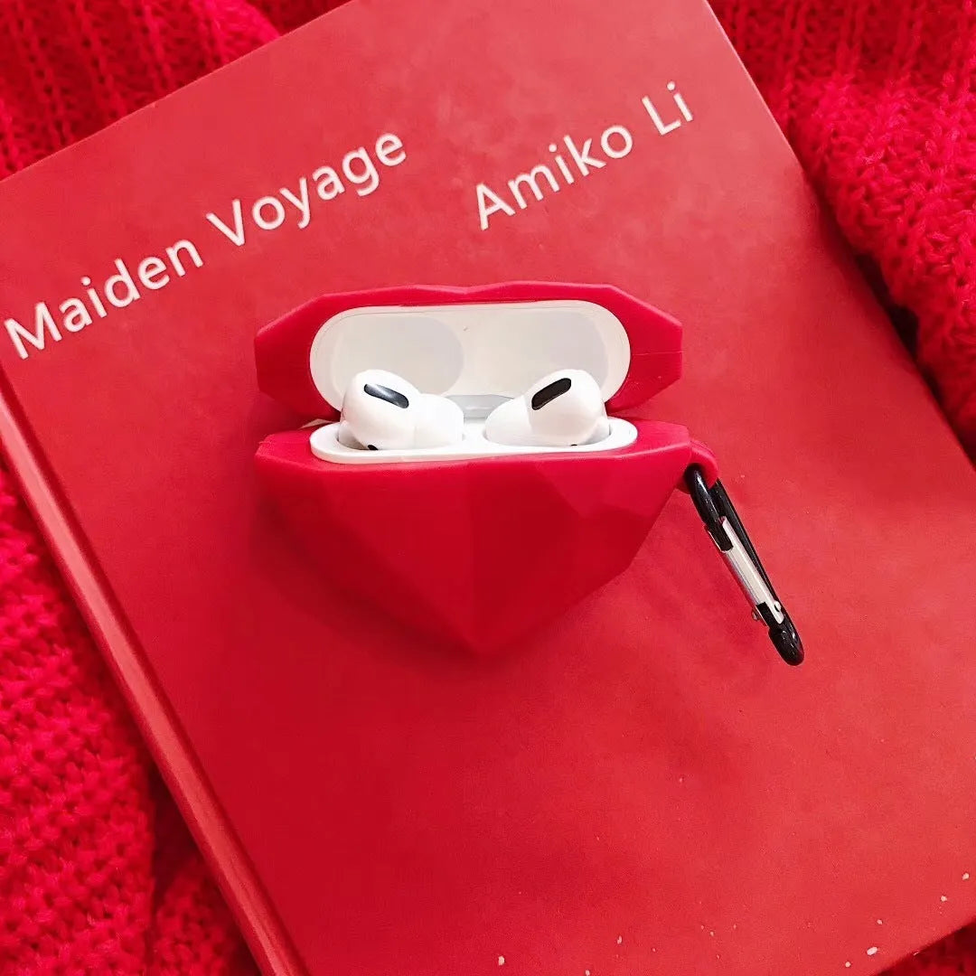 Red Diamond Love colour silicone protective case for Apple AirPods wireless headphones.