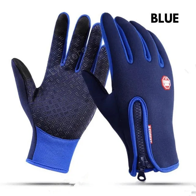 Winter touch screen motorcycle gloves with fleece lining in black and blue colours
