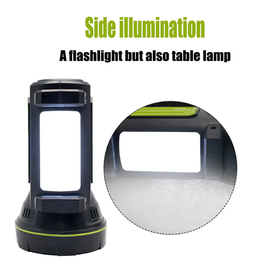 Green rechargeable LED flashlight with USB charging port showing dual lighting modes