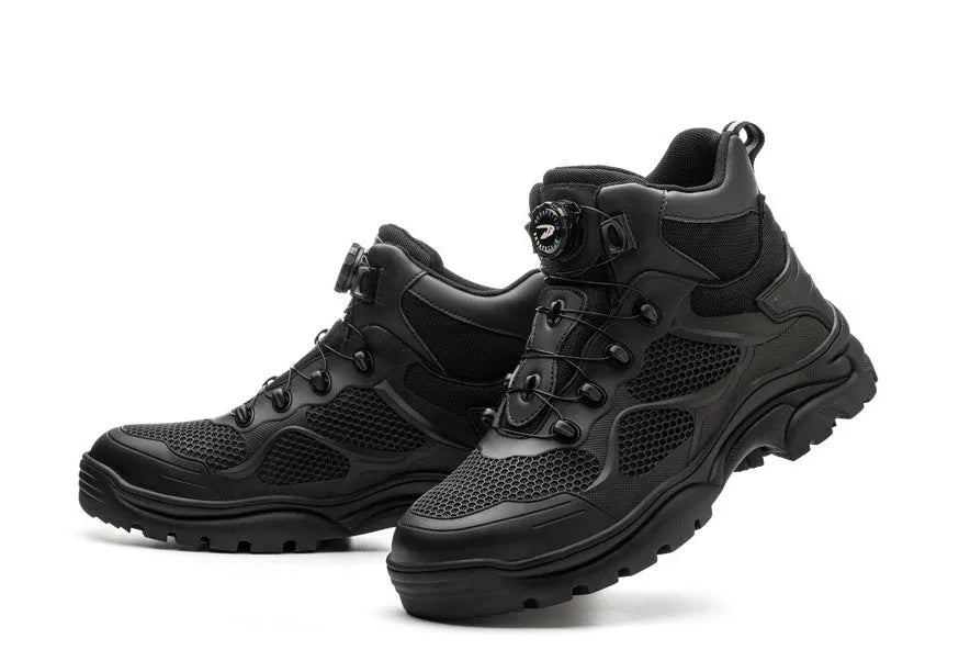 JK7926 black winter high-top PVC labour safety shoes with steel toe cap and rubber sole, side view