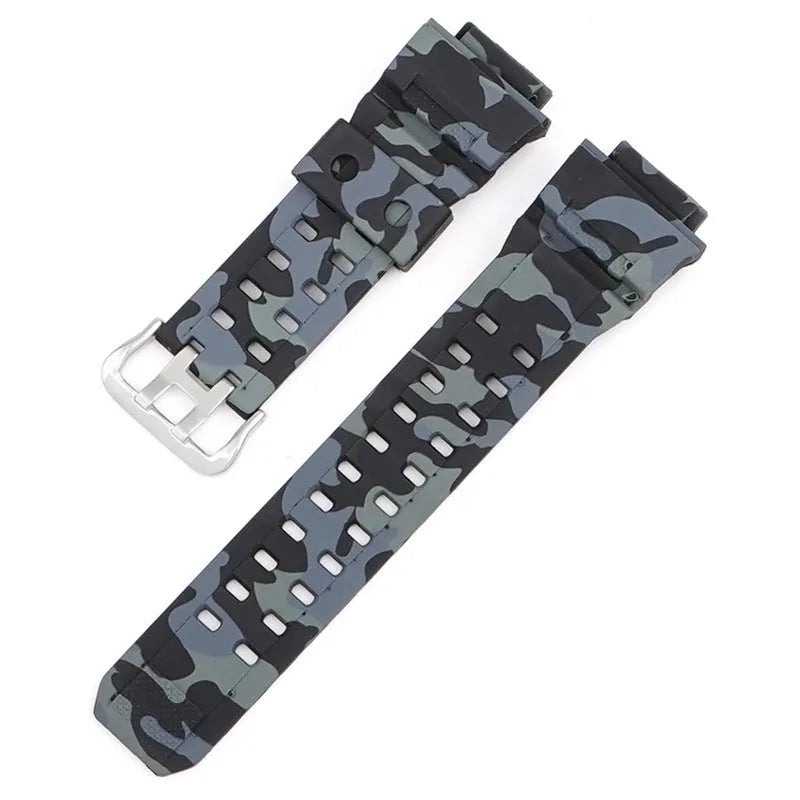 Camouflage pattern TPU watch strap with silver buckle on a 20mm watch lug