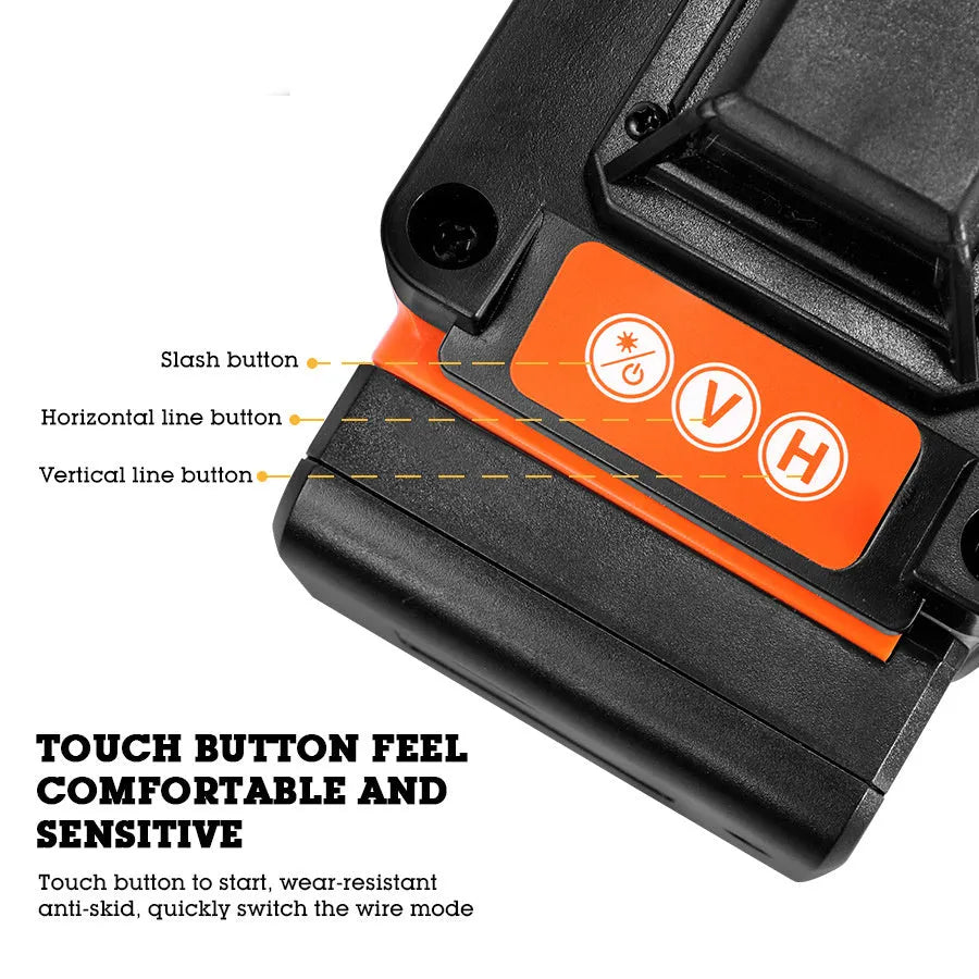 Rotating laser level projecting 16 orange laser lines with wall sticker mount and USB charging port