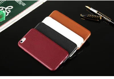 Genuine leather iPhone case with TPU bumper in Black, Brown, Navy Blue, and Wine Red colours for multiple models.