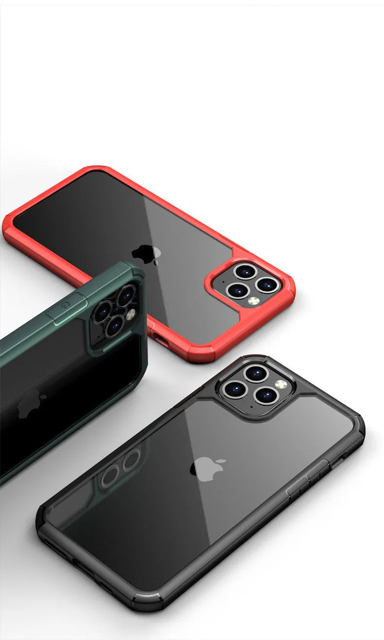 Transparent anti-fall mobile phone case in red, green, and black for iPhone and Galaxy S20 models.
