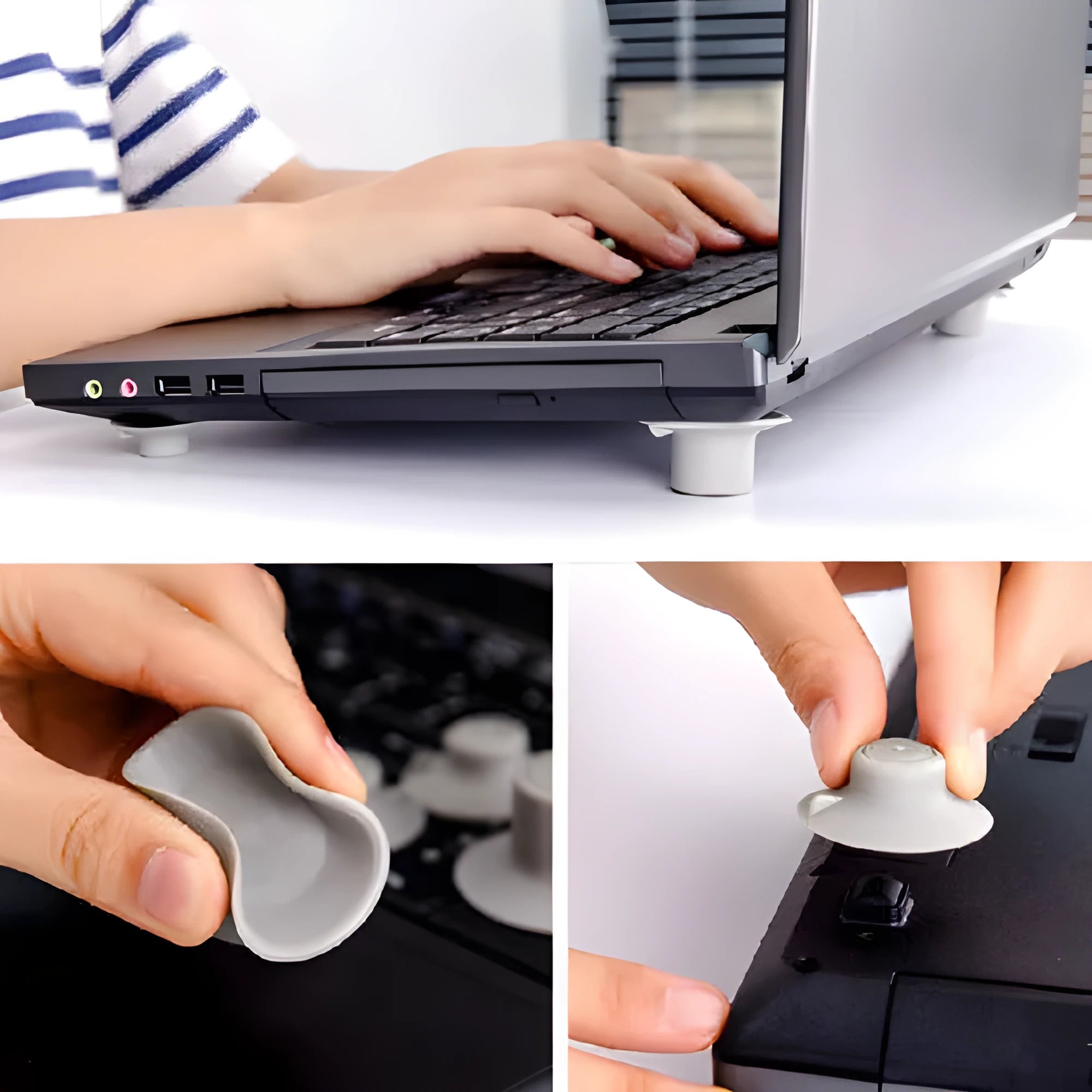 Four grey plastic laptop cooling pads, two large and two small, on a flat surface.