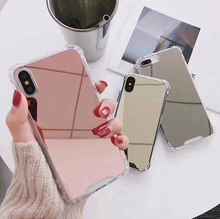 Mirror phone case in soft TPU in Gold colour for iPhone model showing reflective surface