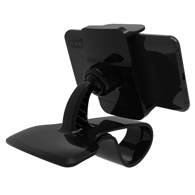Dashboard car phone holder in black mounted to vehicle dashboard edge