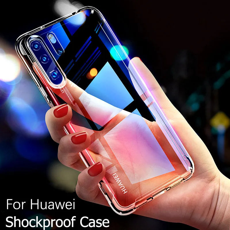 Transparent TPU phone case for Huawei smartphones showing airbag drop-resistant design
