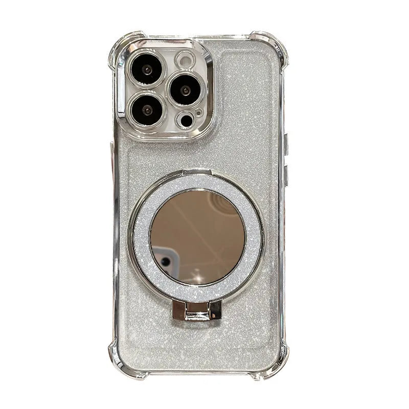 Glitter mirror folding bracket phone case for iPhone 16 with drop-resistant PC material in gradient colours