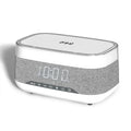 White multifunctional alarm clock with Bluetooth speaker and wireless charging pad display
