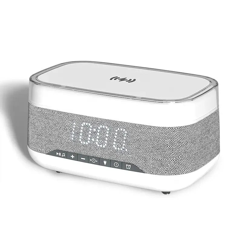 White multifunctional alarm clock with Bluetooth speaker and wireless charging pad display