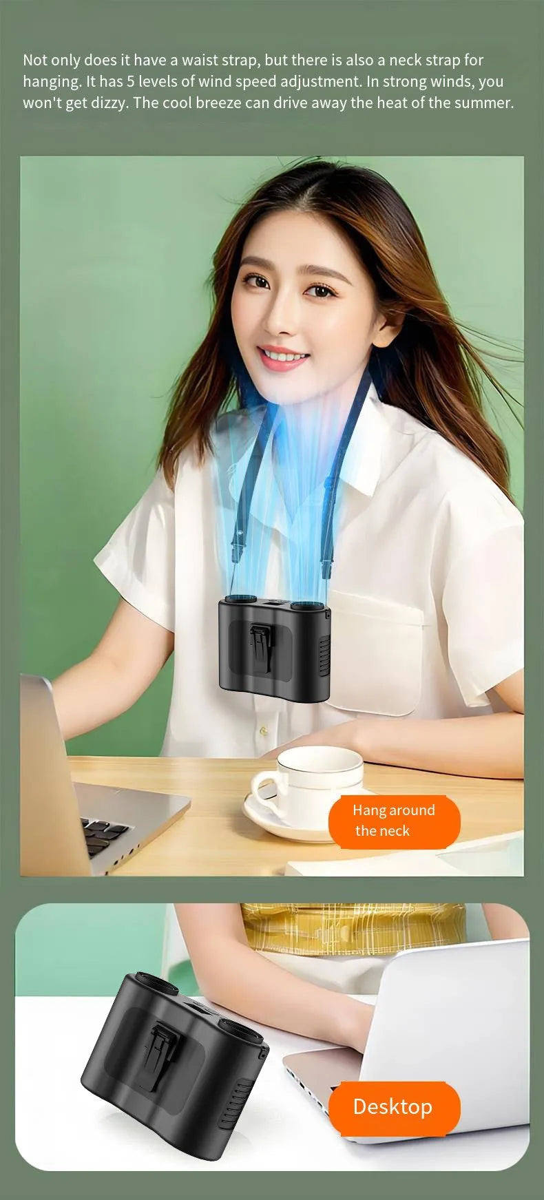 Grey waist-hung portable personal fan with lanyard and buckle, shown for outdoor use.
