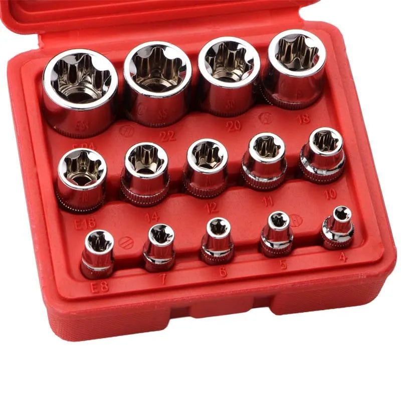Red box containing a 14-piece set of chrome vanadium steel E-type sockets for repair work.