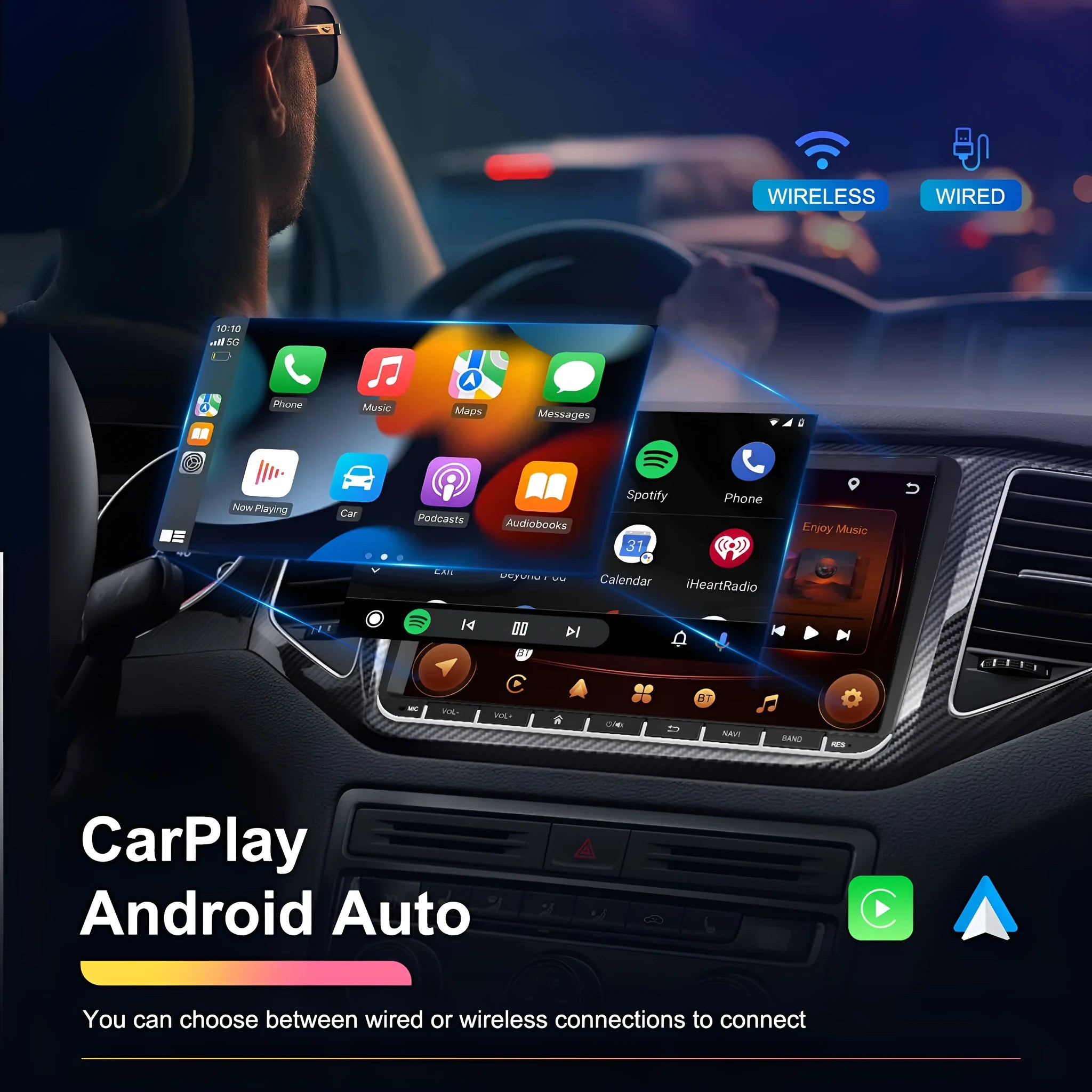 7-inch Android car stereo with touchscreen display for Volkswagen vehicles featuring wireless CarPlay and built-in navigation