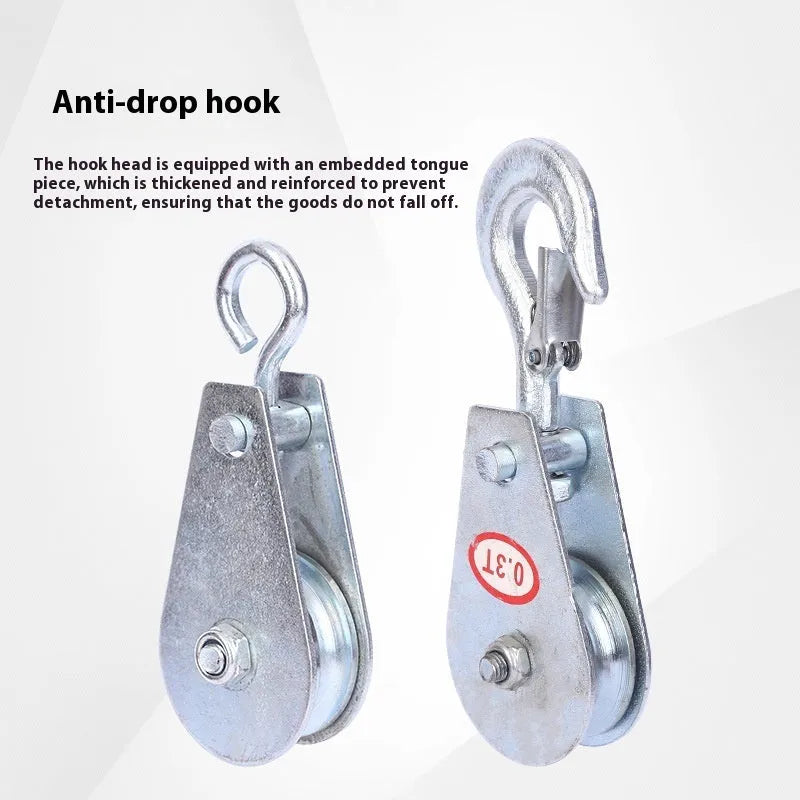 Red industrial lifting pulley with a forged steel safety latch hook and wire rope wheel.