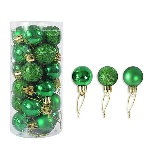 Assortment of 3cm shiny matte Christmas ball decorations in gold, red, silver, blue, and pink colours.
