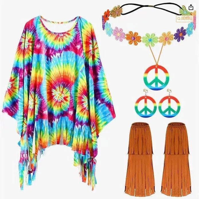 Tie dye patterned sleeveless cloak costume in rainbow colours for Halloween parties.