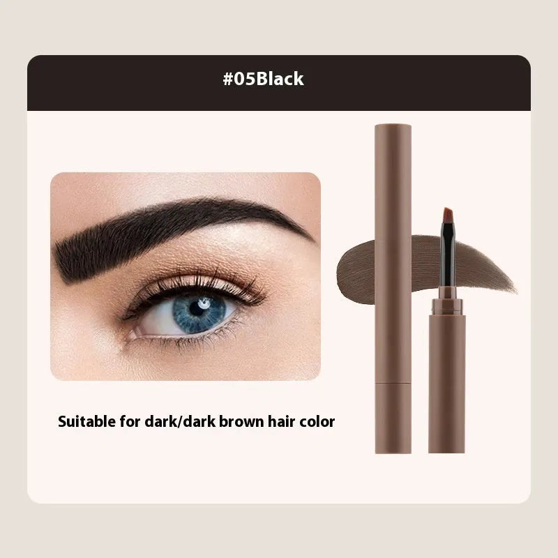 Double-headed eyebrow cream tube with dual applicator shown in five colour shades.
