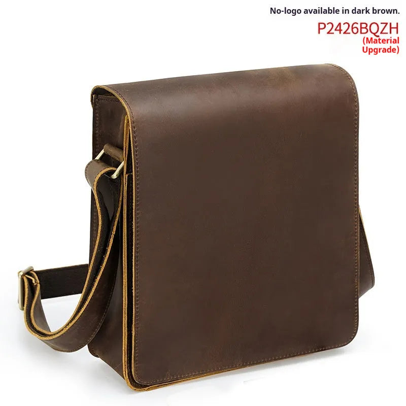 Vintage brown genuine cowhide leather men's crossbody bag with geometric pattern on shoulder strap