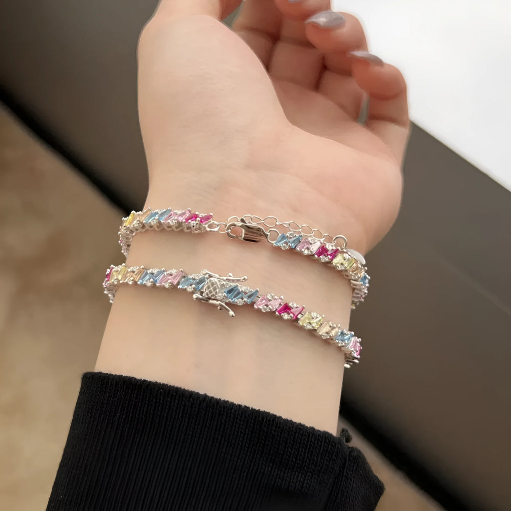 Silver geometric zircon bracelet for women with U-shaped diamond and multi-shape accents, 16-18cm length
