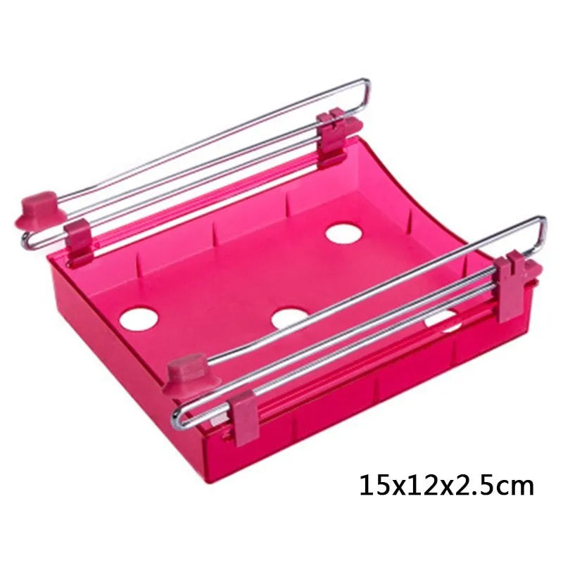 Hanging plastic refrigerator storage rack with drawer compartments and clapboard design for kitchen organisation