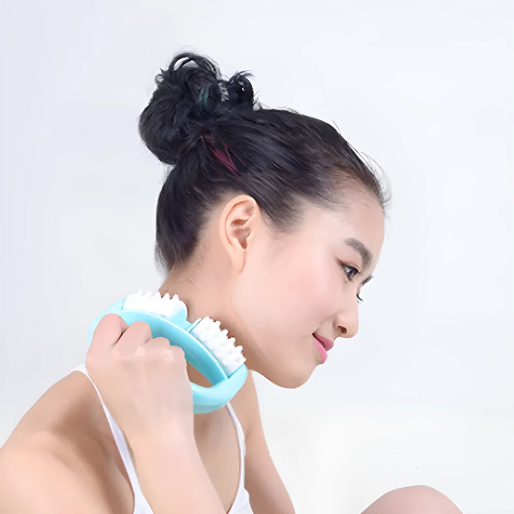 Handheld anti-cellulite massager roller with dot wheels in blue, green, and rose red colours on white background