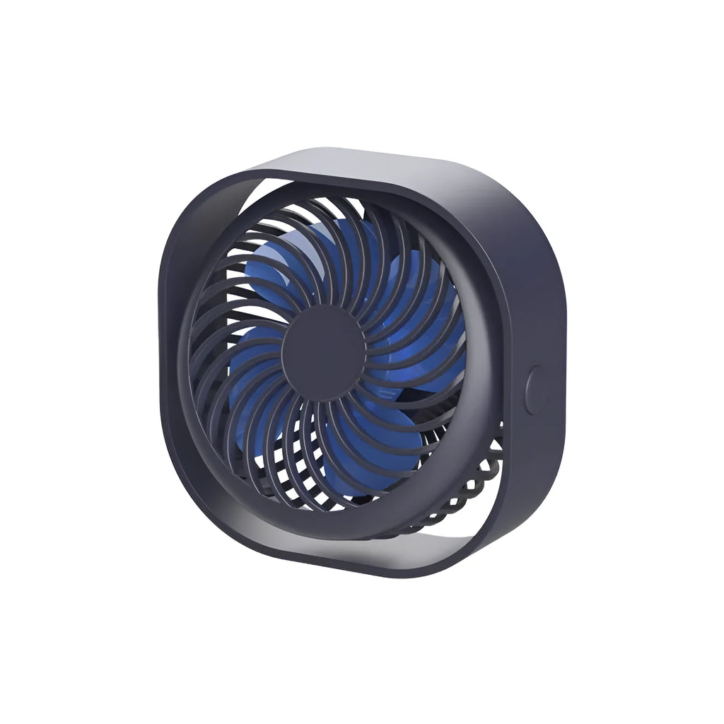 Compact USB desk fan in blue with 360-degree rotation head and rotary switch.