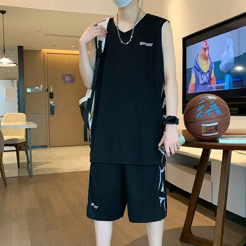 Men's black polyester basketball sports suit consisting of a sleeveless vest top and matching shorts.