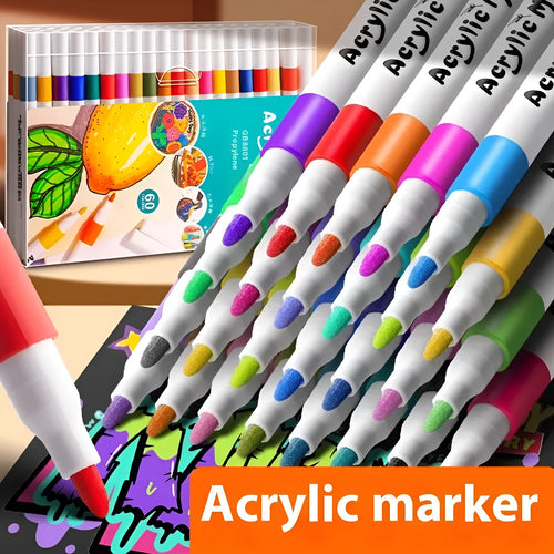 Set of multicolour acrylic marker pens for student art projects, available in boxes of 12 to 80 colours.