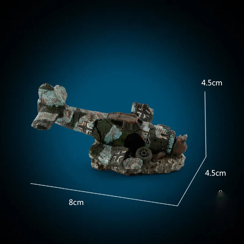 Simulation aircraft wreckage resin aquarium ornament, 8cm long, colour as shown