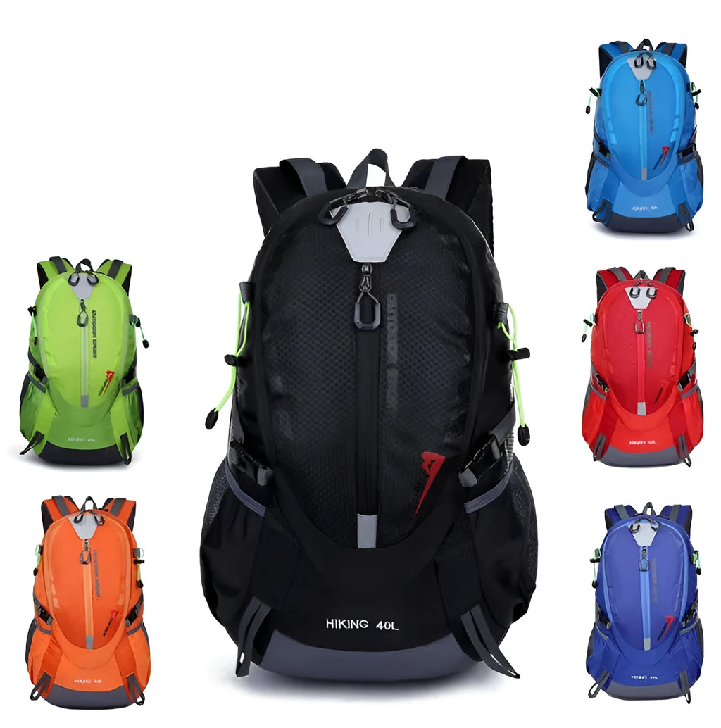 Nylon mountaineering backpack with zipper closure, square vertical section shape, soft handle, and double shoulder straps in outdoor setting