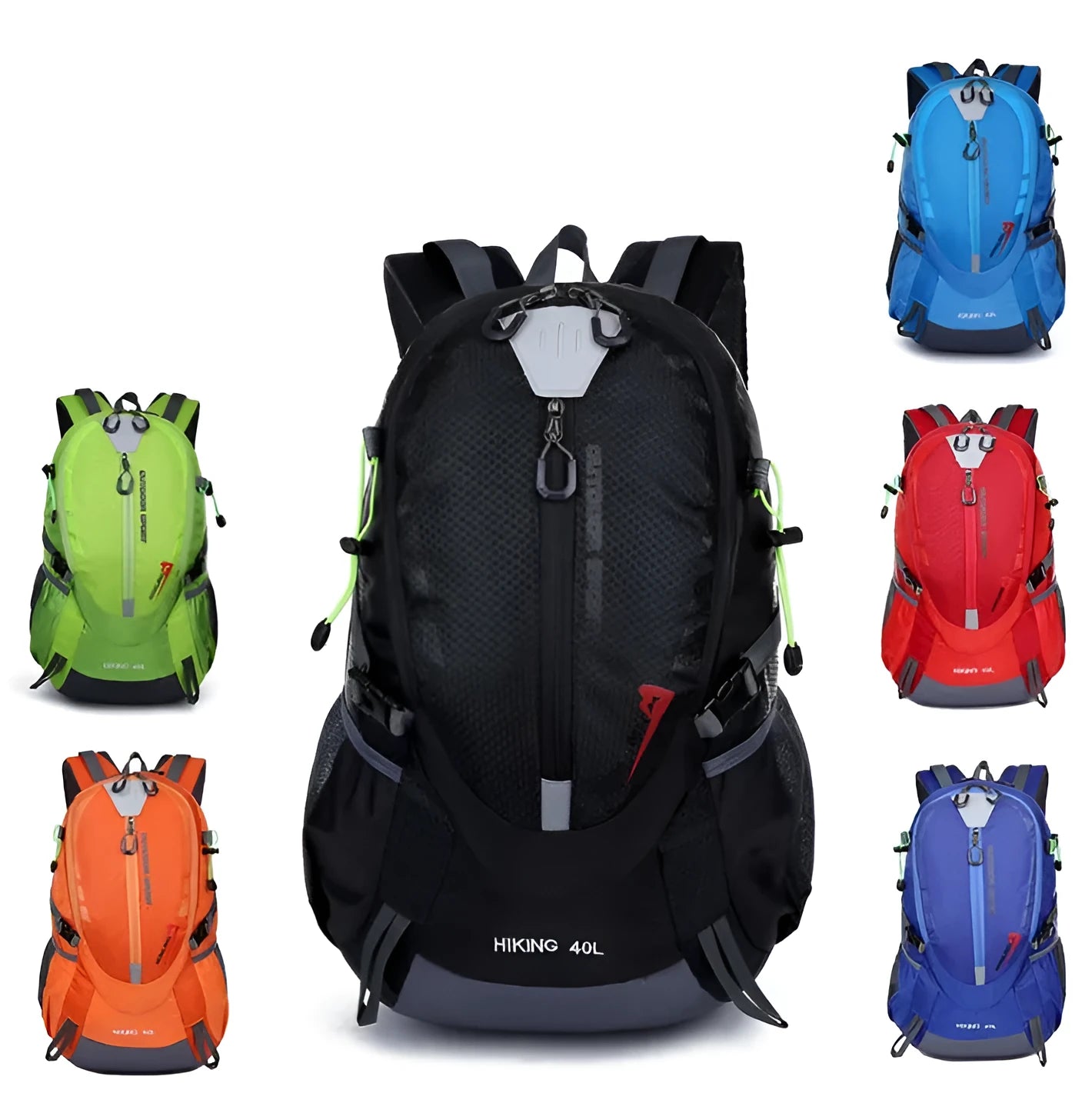 Nylon mountaineering backpack with zipper closure, square vertical section shape, soft handle, and double shoulder straps in outdoor setting