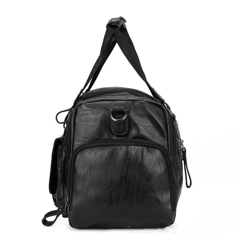 Black PU travel bag with separate shoe compartment, dimensions 52cm x 19cm x 27cm