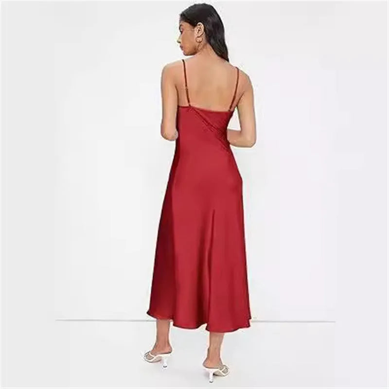 Strap satin open back dress in polyester, sleeveless, wide waist, available in red.