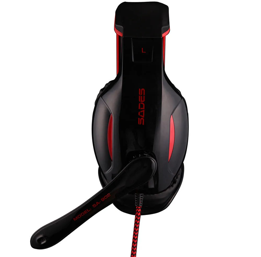 Black SADES SA902 USB gaming headset for PC with over-ear design and lighting effects.