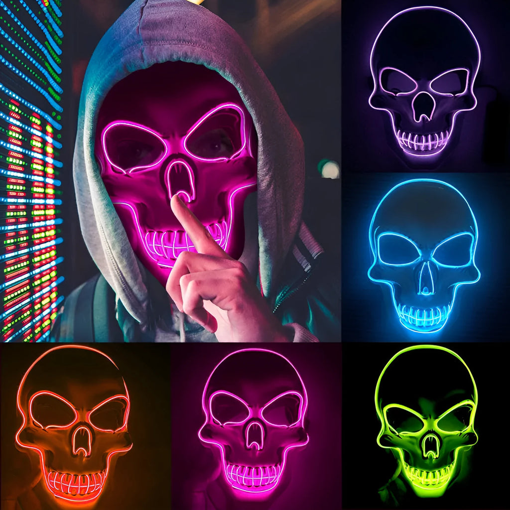 Colourful plastic skeleton Halloween mask with glowing LED lights and a clip-on battery pack.