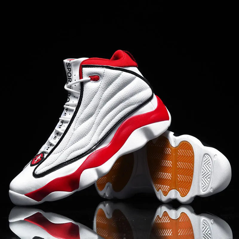 High-top basketball shoes with thick rubber soles and mesh uppers in AJ13 white red colourway