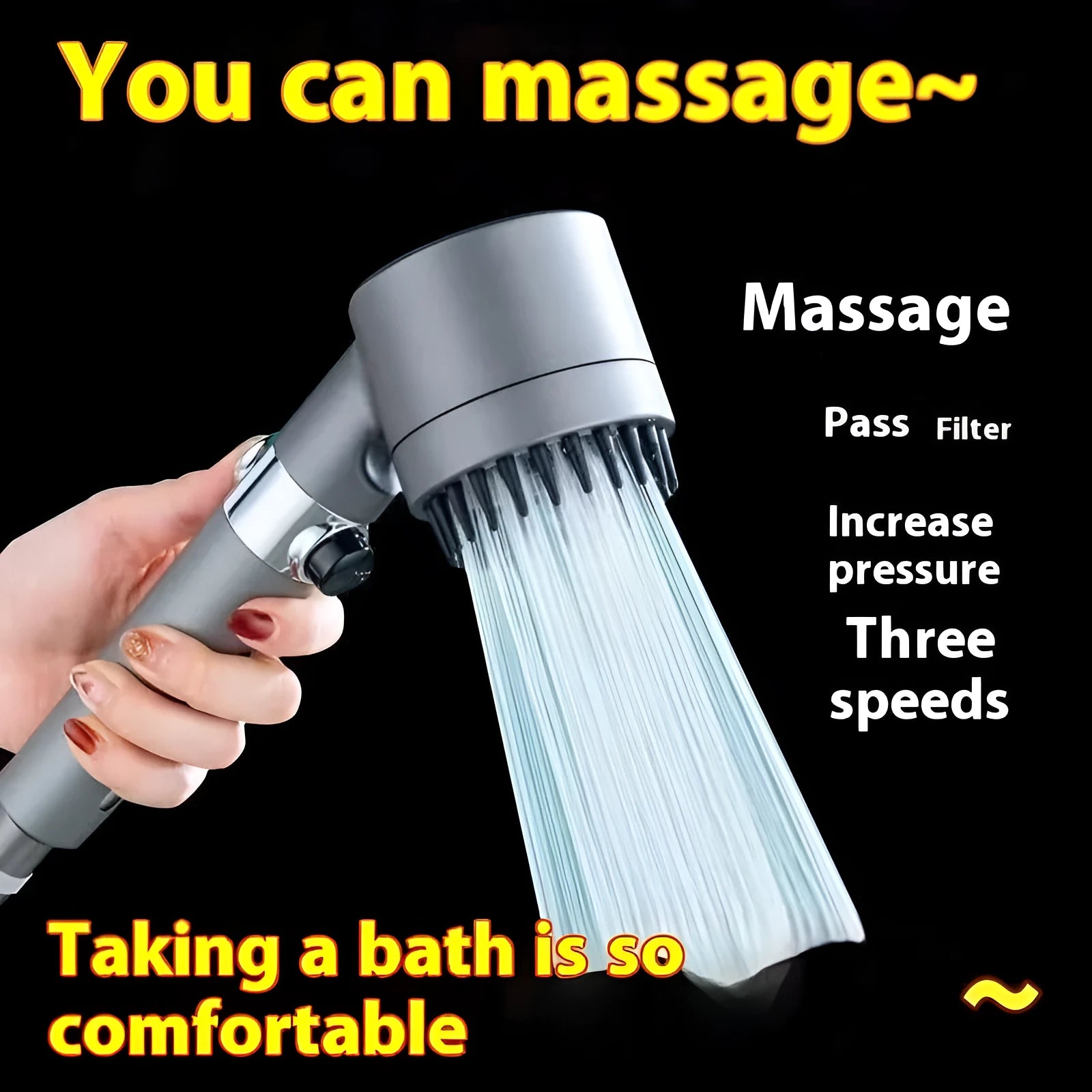 White portable massage shower head with three gear adjustment selector for spray, massage, and rain functions